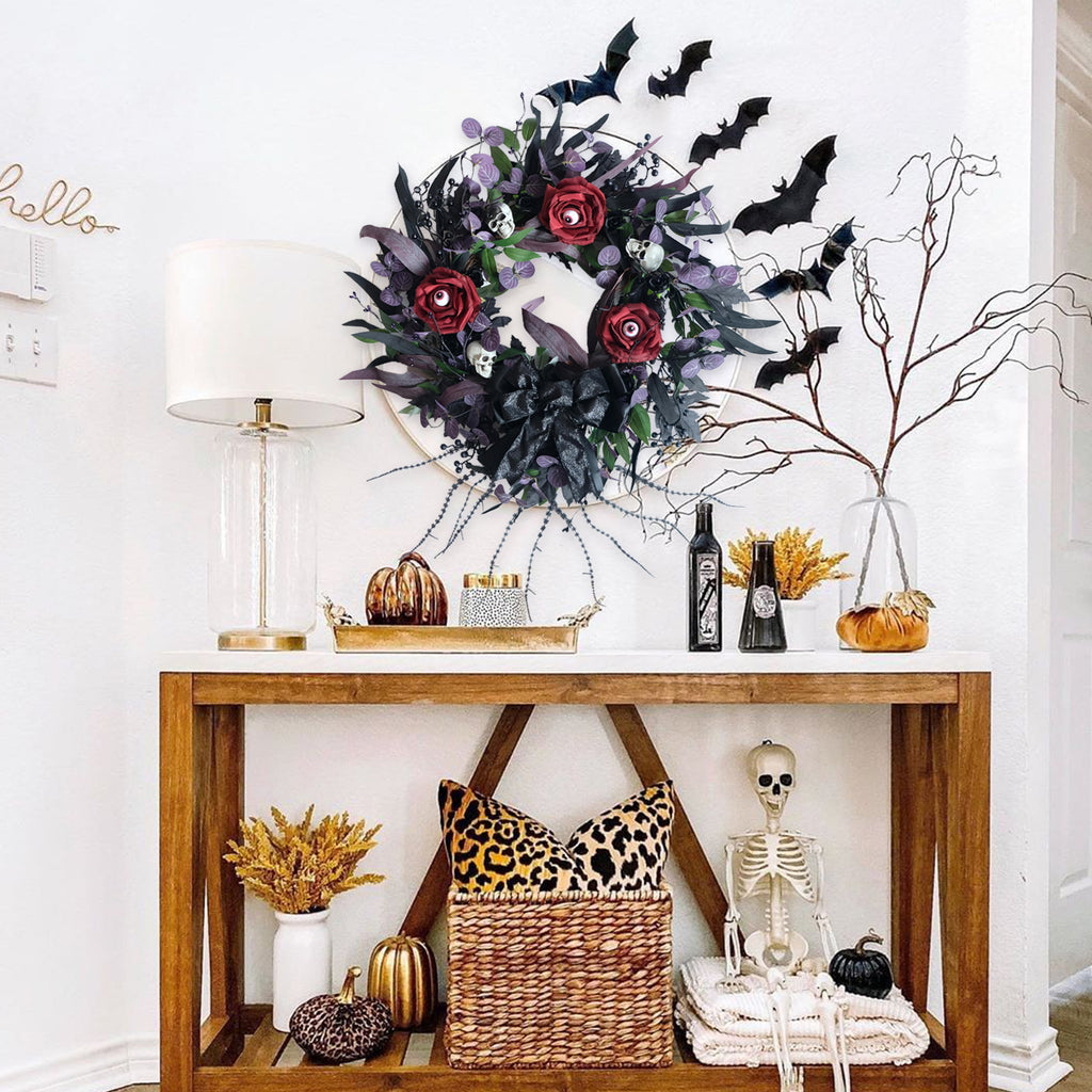 Idyllic 22" Halloween Wreath for Front Door Black Ribbon Rose with Eyes and Skull