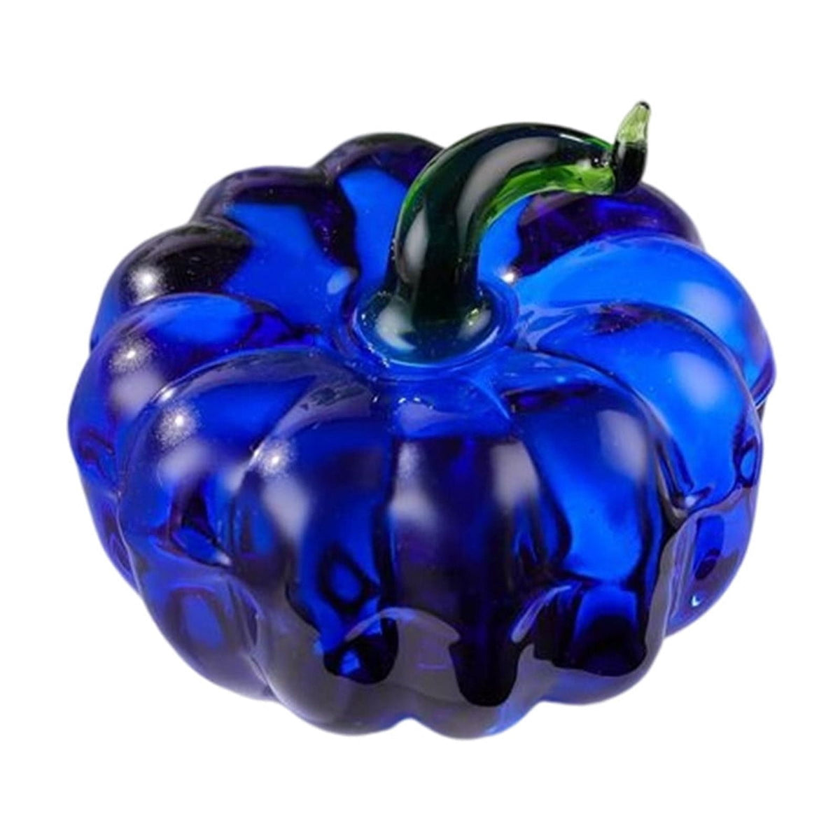 Fall Decor Mini Blue Hand Blown Glass Pumpkin Figurine Transparent Crystal Pumpkin with Green Stem Art Glass Fruit Tabletop Decor for Home Office Shelf Thanksgiving Halloween Gift