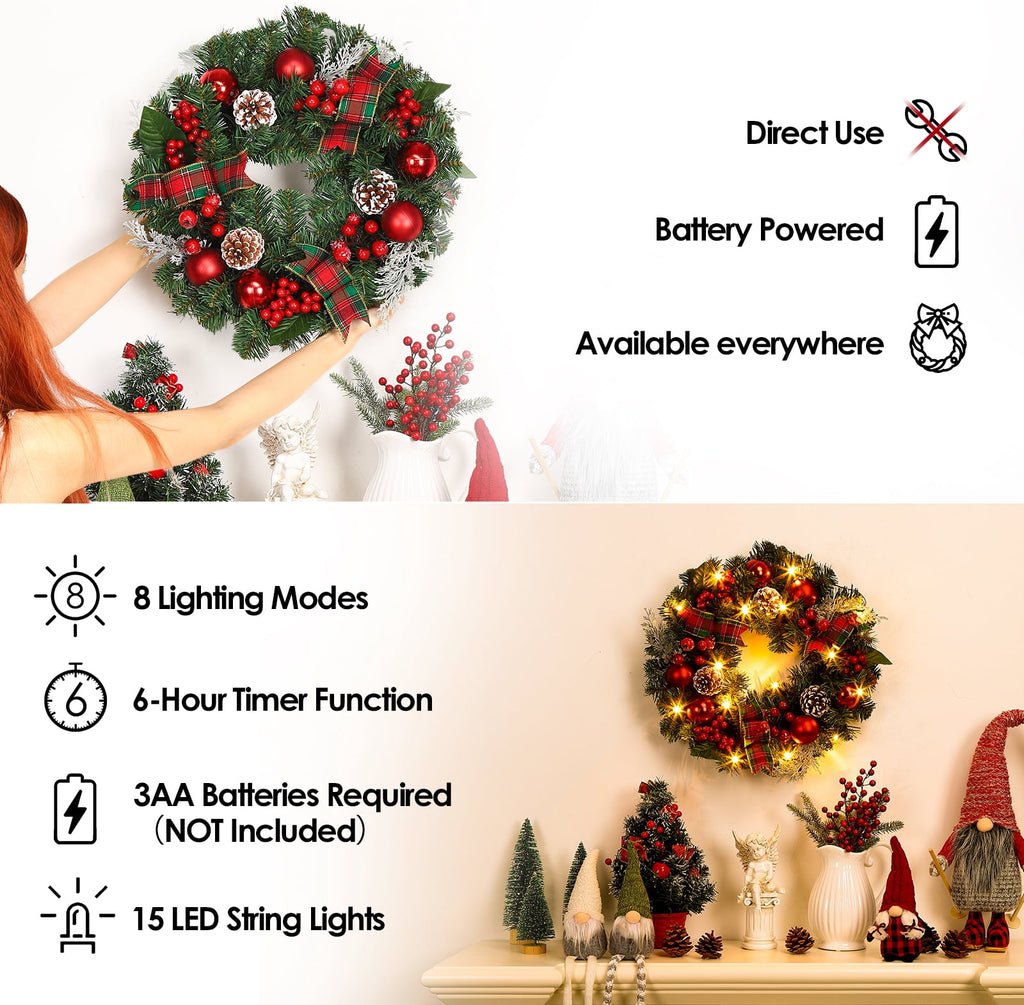 JoanKaren 24 inch Large Christmas Wreath Silver White with 20 LED Lights,Prelit Xmas Wreath w/ Ball Ornaments Pine Cone