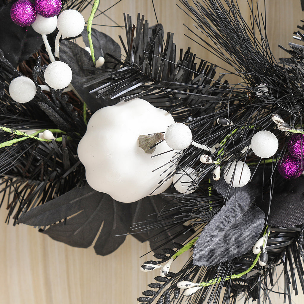 15.7 Inch Halloween Wreaths with White Pumpkin, Black Wreaths for Front Door, Halloween Decoration for Indoor Outdoor Wall Window Porch Patio Garden