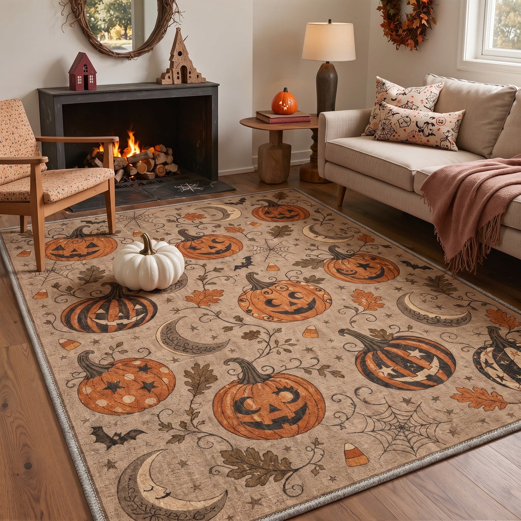GENIMO 5'x7' Halloween Area Rug for Living Room, Washable Non Slip Soft Vintage Pumpkin Indoor Rug for Bedroom Dining Room Home Office, Antique Moss
