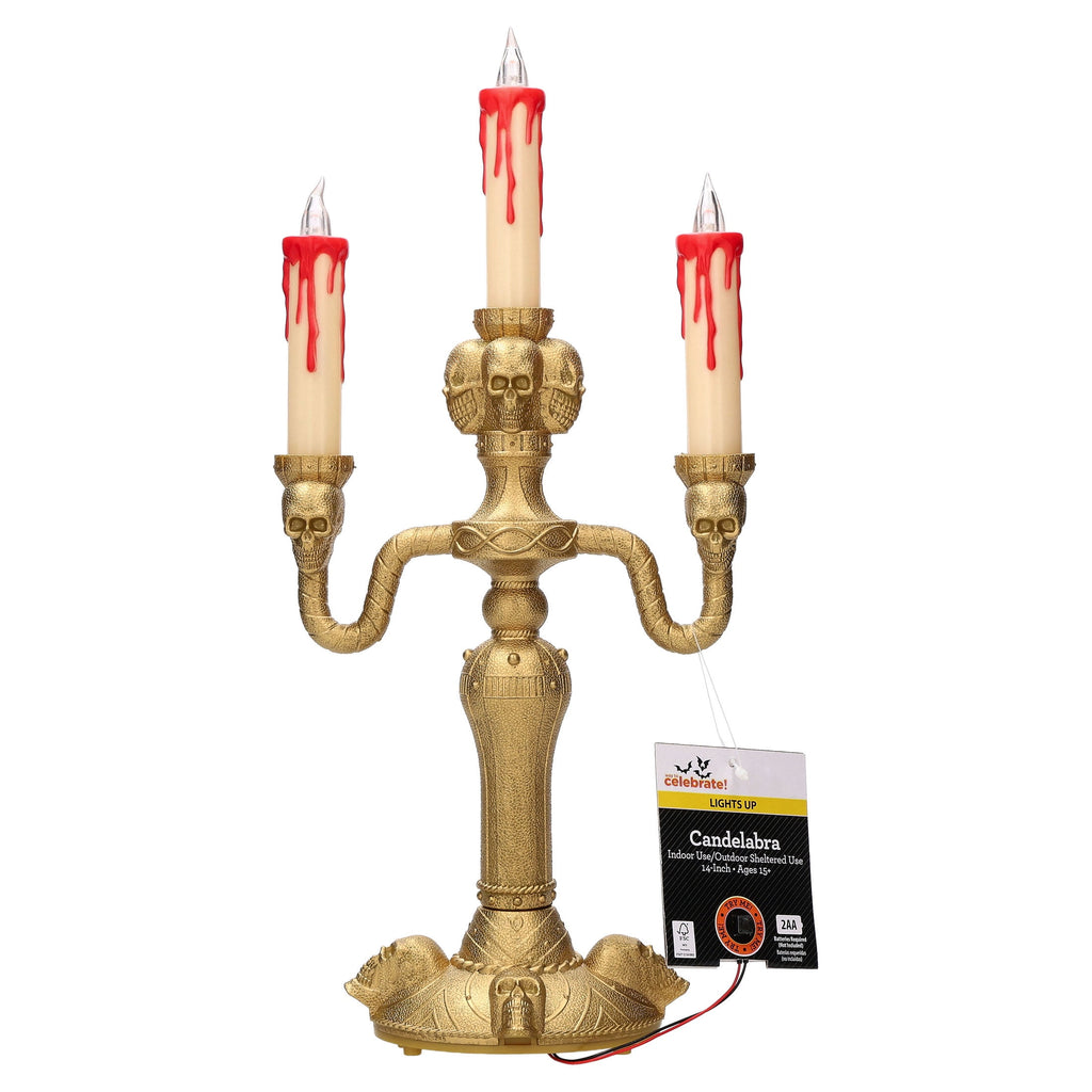 Light-Up Skull Candelabra Decoration, Gold, 13.8", Halloween by Way To Celebrate