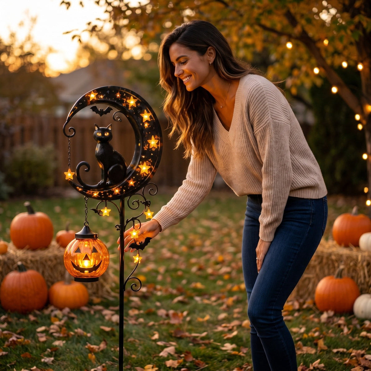 Solar Halloween Metal Moon Black Cat Garden Stake with LED Pumpkin Lantern, Light Up Star Bat Yard Decor Stake, Spooky Outdoor Lawn Pathway Halloween Decoration