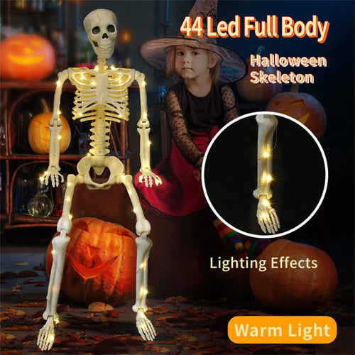 36" Full Body Skeleton Decoration,Halloween Posable Skeleton with Lights, Posable Joints Gothic Skeletons Decoration for Outdoor Indoor Yard Patio Haunted House,Light Up Spooky Party Props Decor