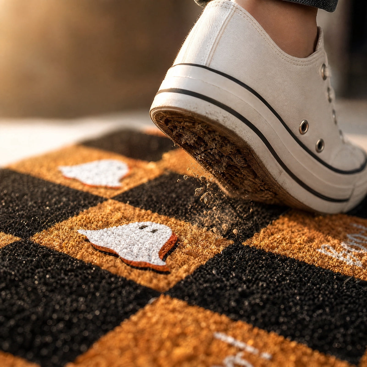 STIJGGN Halloween Ghost Boo Checkered Coir Rug, 23"×15" Fall Outdoor Front Door Decor Mat, Washable Hand-Woven Rug for Layered Doormat, Autumn Halloween Thanksgiving Carpet for Porch, Entryway