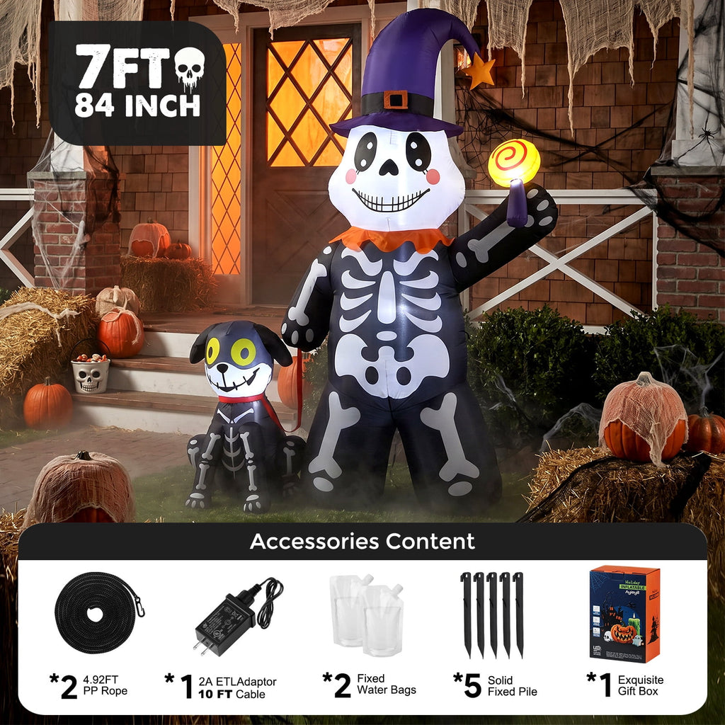 Ayieyill 7FT Halloween Inflatables Decorations Skeleton and Dog, Halloween Blow ups Yard Decorations Outdoor for Garden Lawn