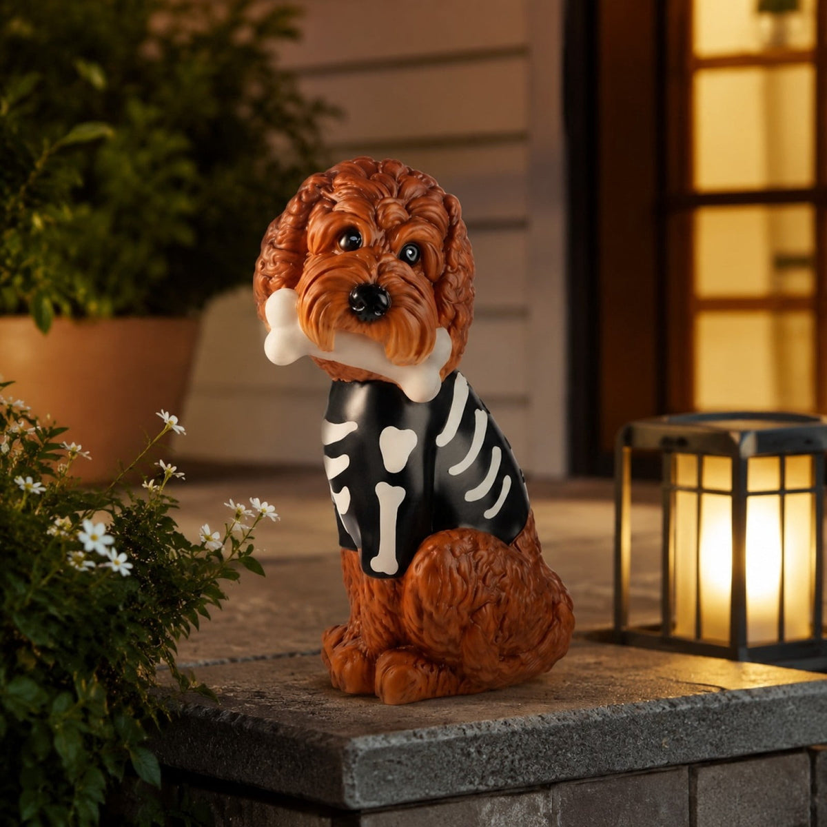 Lighted Skeleton Doodle with Bone Blow Mold, Halloween Resin Curly Brown Puppy Figurine, Spooky Cute Tabletop Decor for Mantel Shelf Home Party, 10"