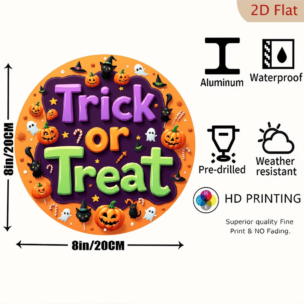 2D Flat, Halloween Round Aluminum Wall Sign - 8*8 Inch Trick or Treat Decor with Spooky Pumpkin,, Bat & Candy Corn Design - American-Style Holiday Season Decoration for Home, Kitchen, Garden, Office