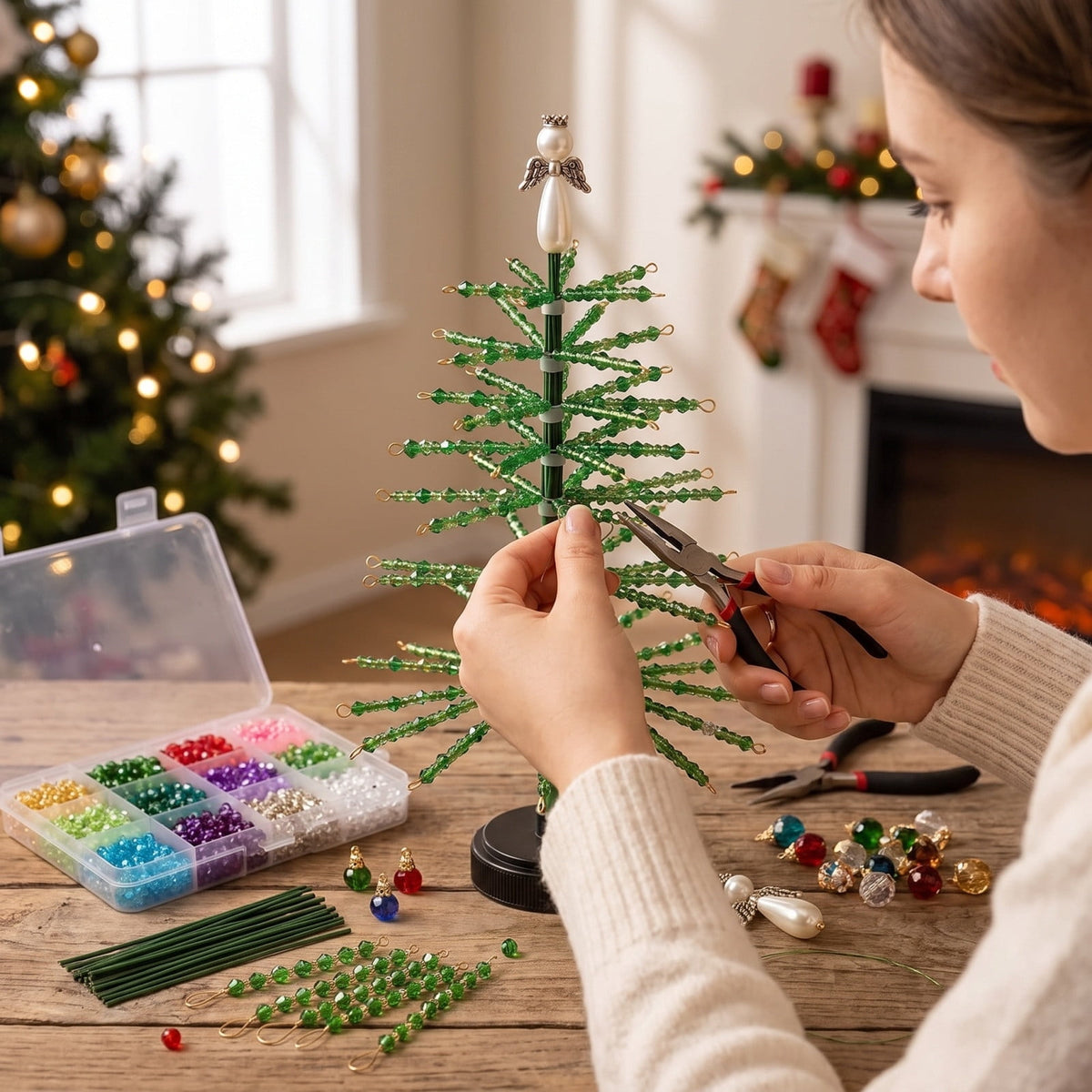 UALSRZL DIY Beaded Christmas Tree Kit, Christmas Decorations Handmade Beads Craft Set, Sparkling Crystal Xmas Ornaments for Table Decor Holiday Gifts