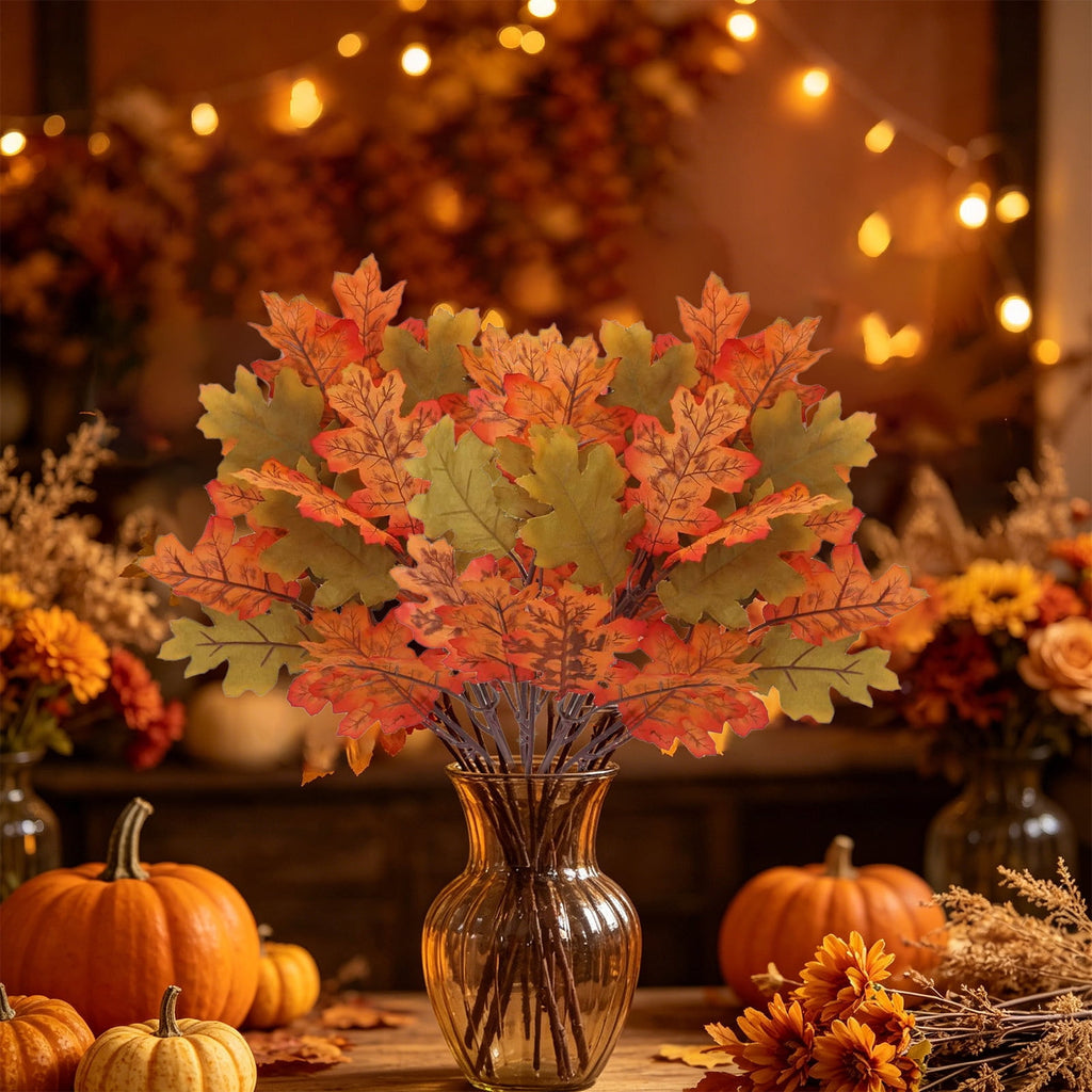SPOORYYO 2Pcs Fall Maple Leaves Stems for Vase, Artificial Autumn Fake Leaves Decor, Maple Leaf Bushes Shrubs for Thanksgiving Halloween Home Farmhouse Table Centerpiece, 12.99" x 7.87"