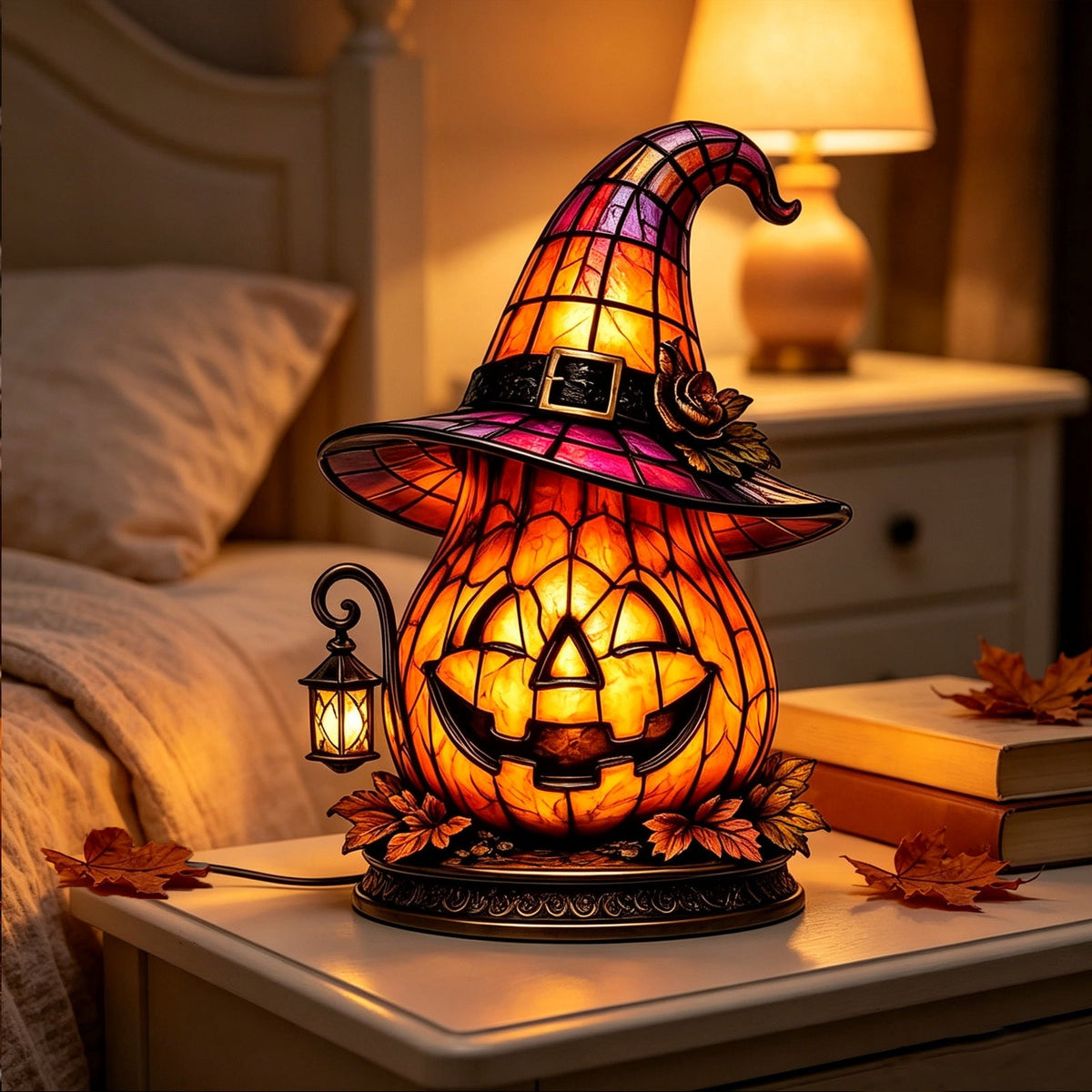 Halloween Lighted Witch Cauldron Decor Lamp, Stained Glass Witch Hat Magic Pot Night Light with Pumpkin & Potion Bottle Details, Spooky Vintage Tabletop Ornament for Mantel Living Room Party