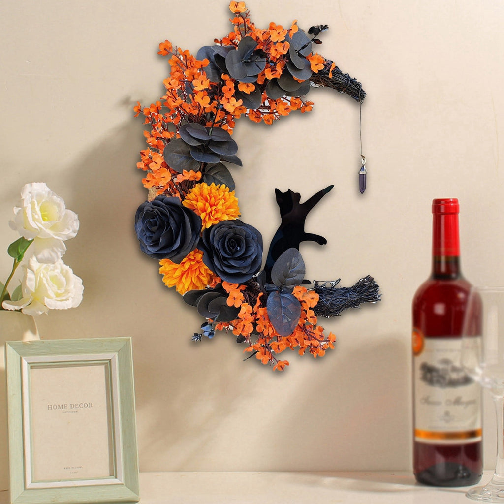 Lighted Halloween Wreath - Black Cat & Crescent Moon Design with LED Lights for Front Door, Porch & Wall Gothic Decor