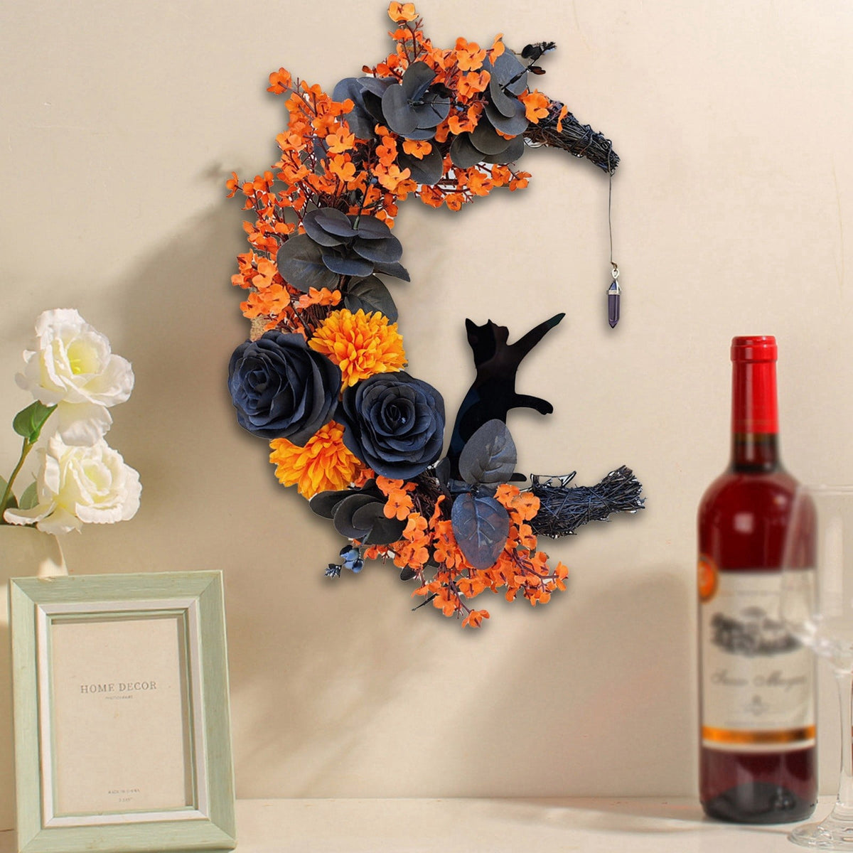 Lighted Halloween Wreath - Black Cat & Crescent Moon Design with LED Lights for Front Door, Porch & Wall Gothic Decor