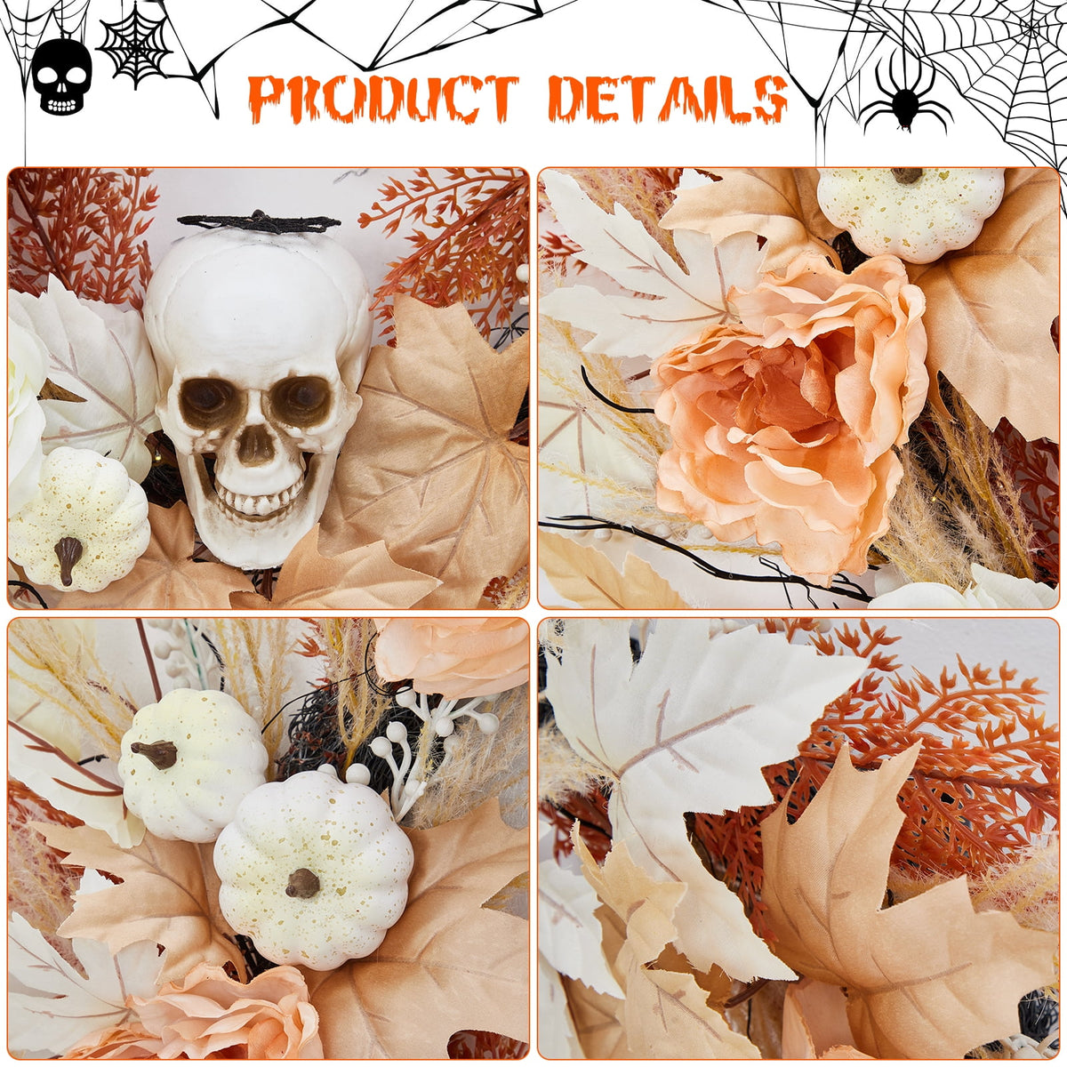 Prelit Halloween Wreath 22 Inch with Bone and Pumpkin Decor Maple Leaves Roses Spooky Fall Indoor Outdoor Wall Porch Window Front Door Decoration