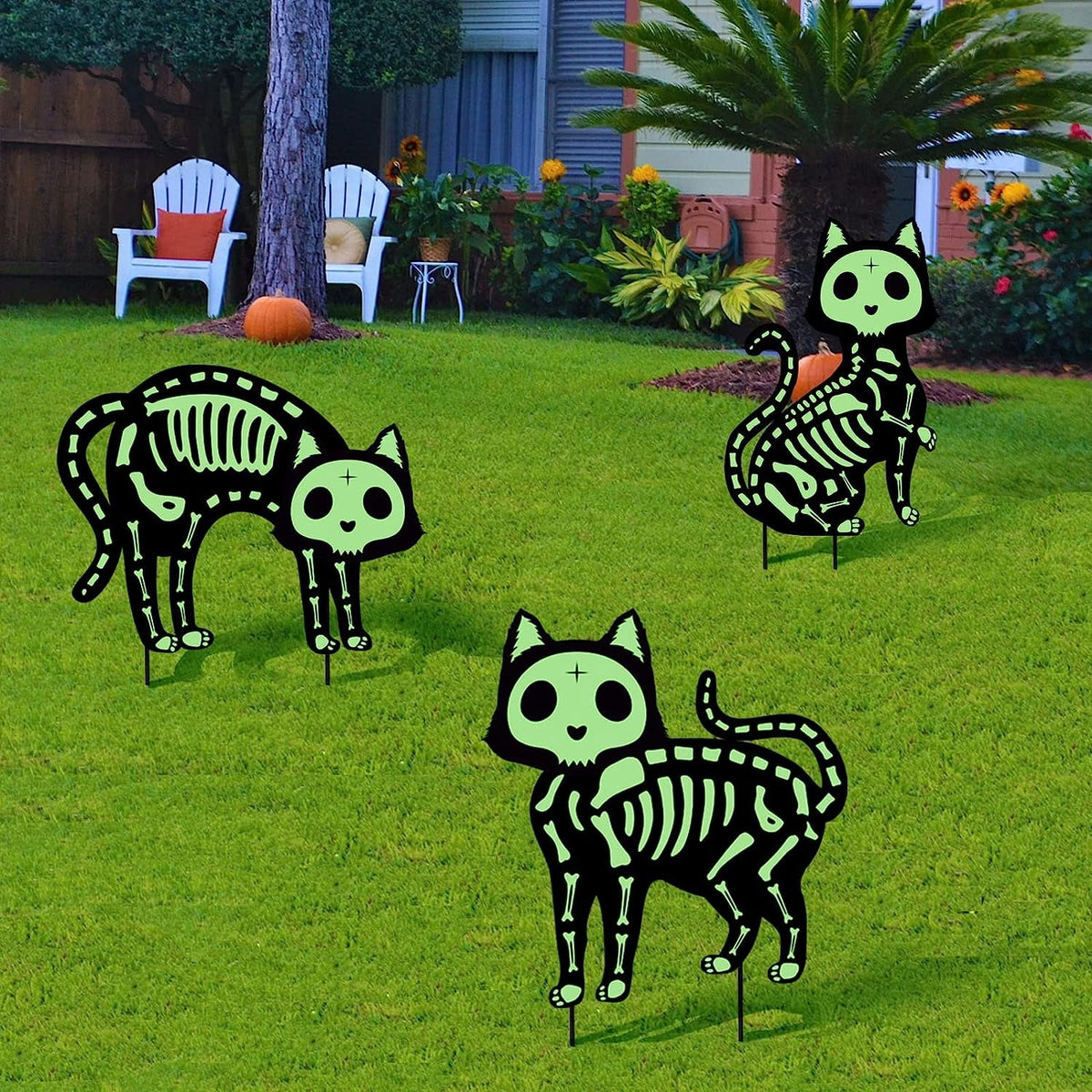 GuassLee 5pcs Glow in the Dark Skeleton Black Cat Silhouette Lawn Signs with Stakes for Halloween Lawn Garden Front Yard Decorations Outside