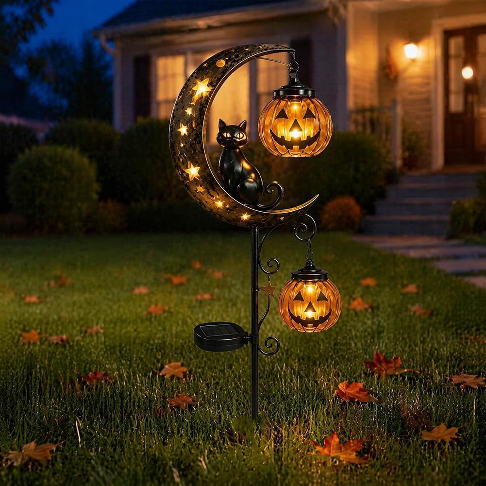 Clearance Halloween Solar Black Cat & Pumpkin Moon Garden Stake Light, Outdoor Waterproof LED Yard Decoration with Crescent Moon, Hanging Jack-o'-Lantern Lantern for Garden, Patio, Walkway, Porch
