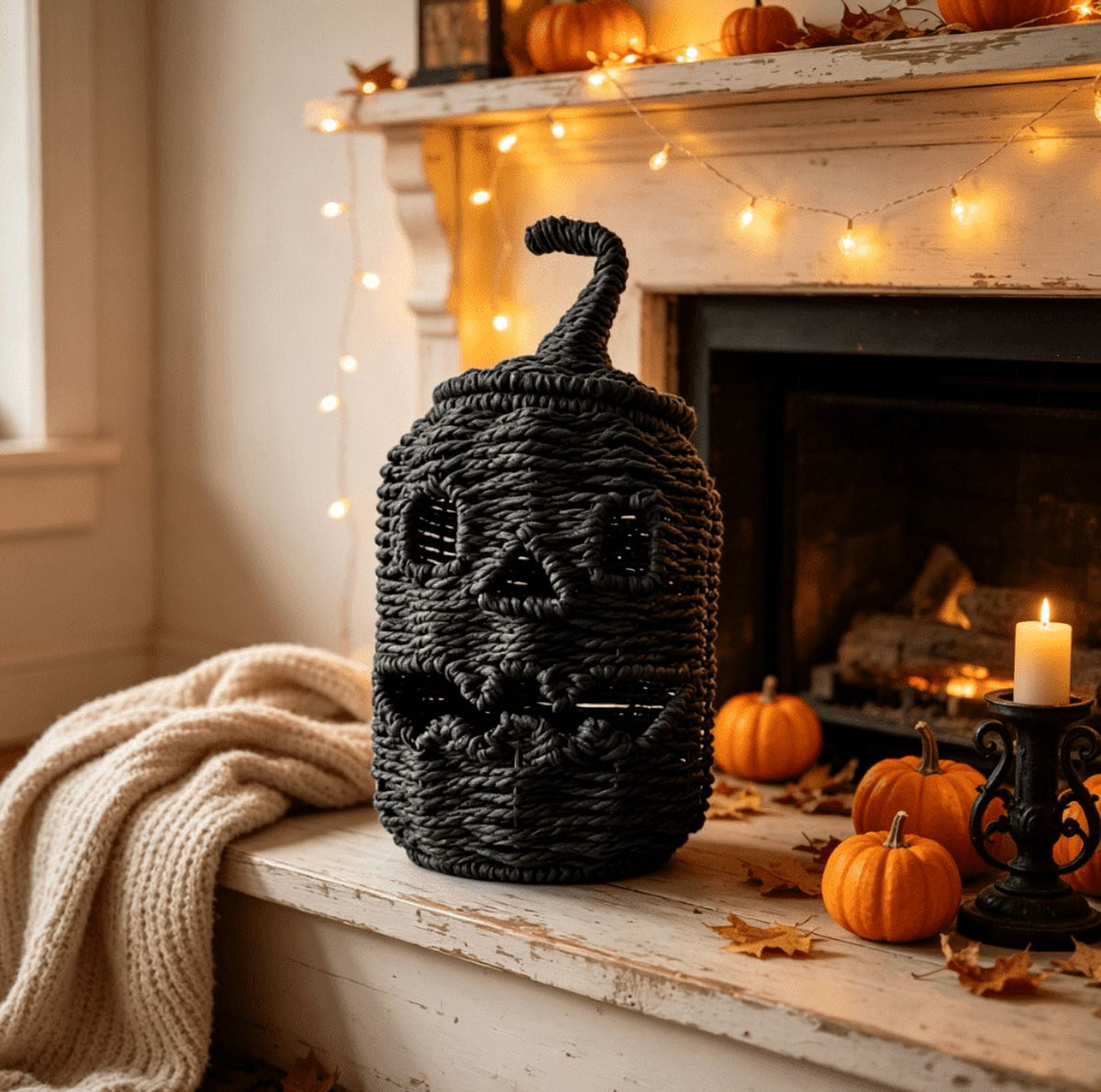 THOPBPRK 2026 Black Halloween Woven Pumpkin Jack-O'-Lantern, Halloween Decorations Pumpkin, USE LED Candle, Rattan Fall Halloween Decor for Home, 1Pack 11.8 Inch A