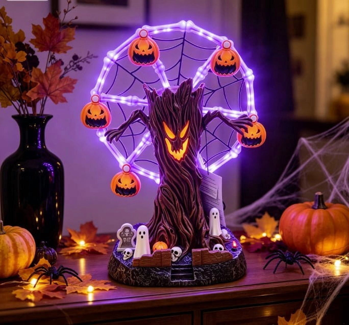 Animated Halloween Ferris Wheel Tabletop Decor - Light Up Spooky Tree with Purple LED, Moving Skeletons and Cauldrons, Haunted Graveyard Scene Centerpiece