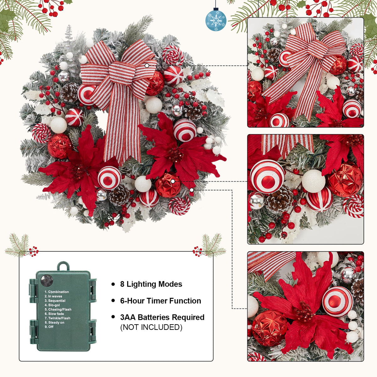 JoanKaren 24 inch Large Christmas Wreath Silver White with 20 LED Lights,Prelit Xmas Wreath w/ Ball Ornaments Pine Cone