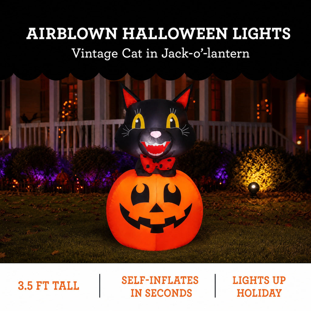 Vintage Cat in Jack-o'-Lantern Airblown Yard Inflatable, Multicolor, 3.5', Halloween by Way To Celebrate