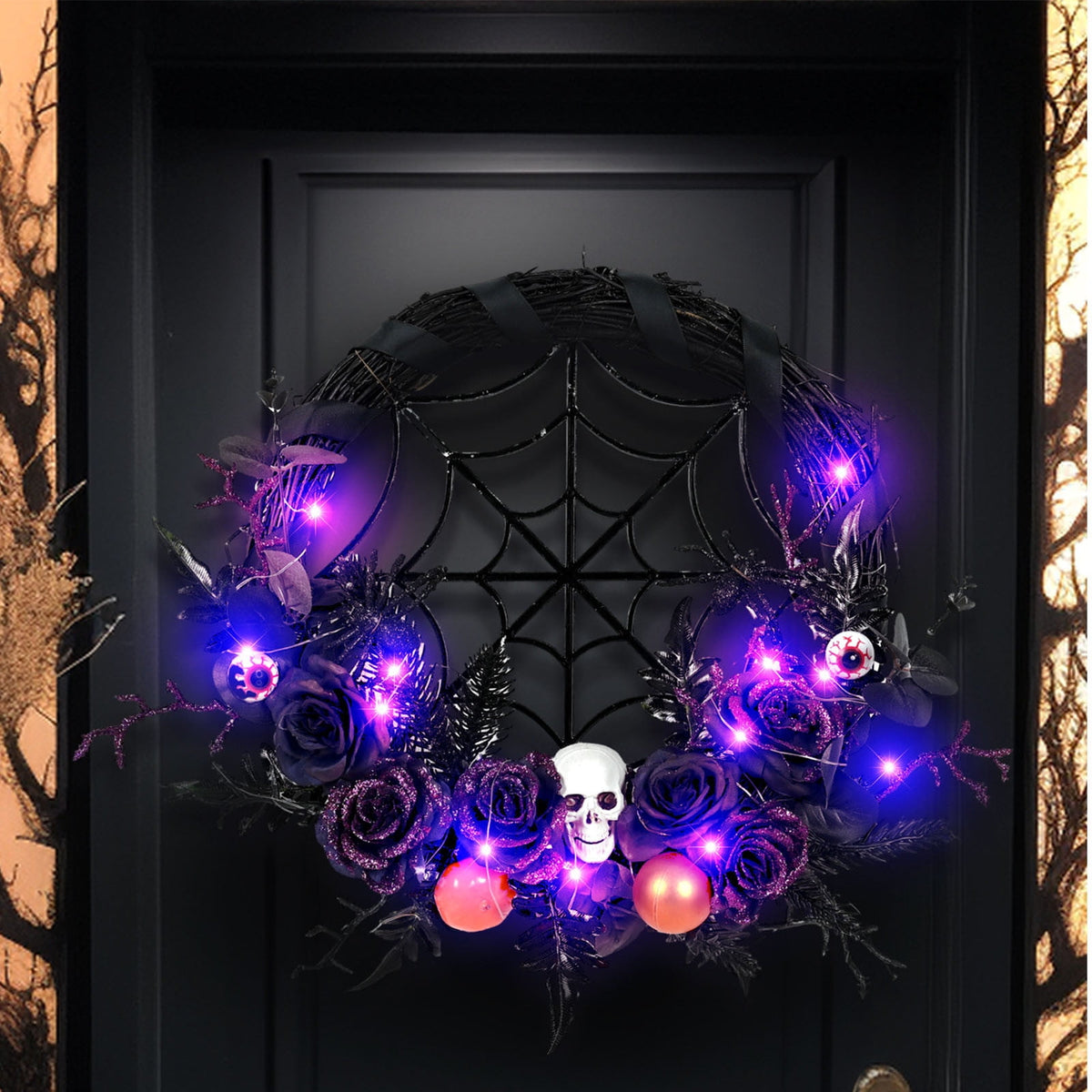 CASAFUN Halloween Wreath for Front Door 15 Inch Black Spider Web and Horror Skull Fake Flowers Ornamnets Scary Halloween Decor Spooky Home Party Fireplacce Window Wall Hanging Decor