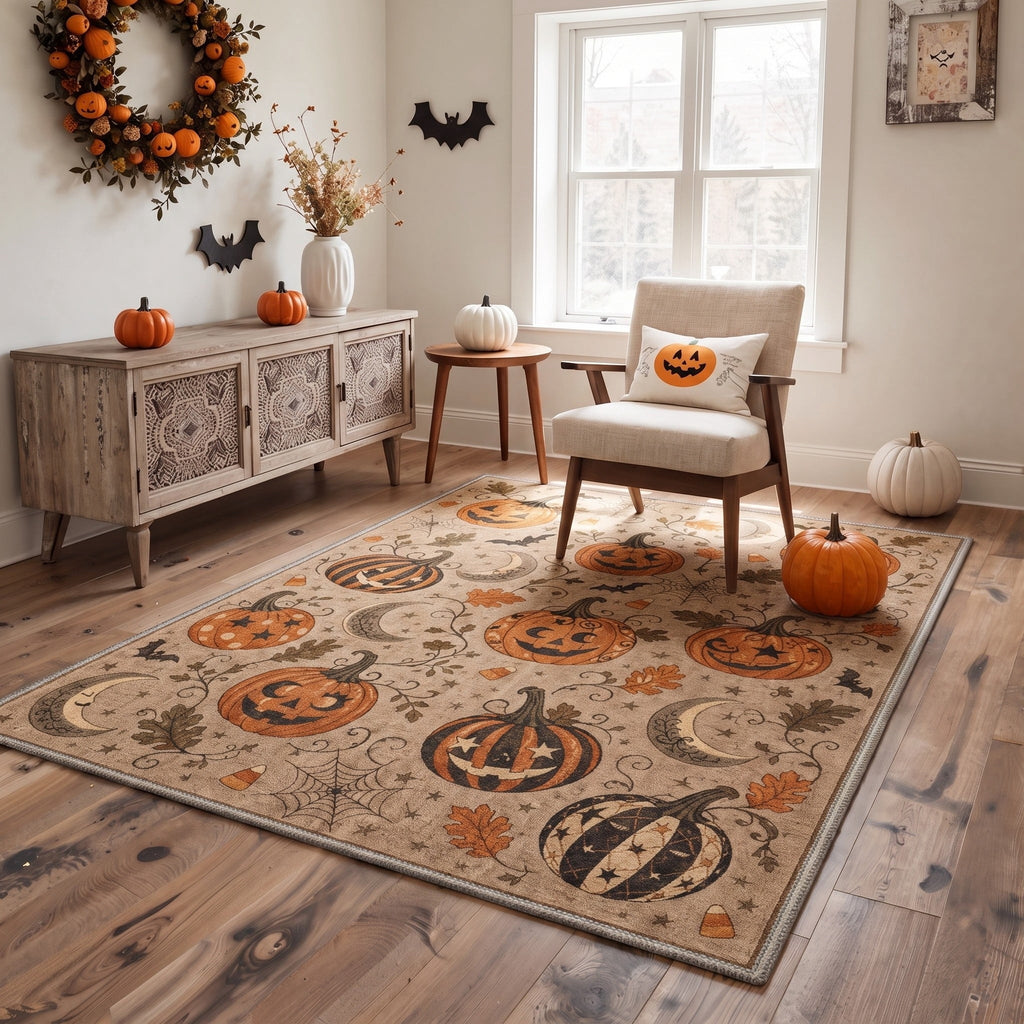 GENIMO 5'x7' Halloween Area Rug for Living Room, Washable Non Slip Soft Vintage Pumpkin Indoor Rug for Bedroom Dining Room Home Office, Antique Moss