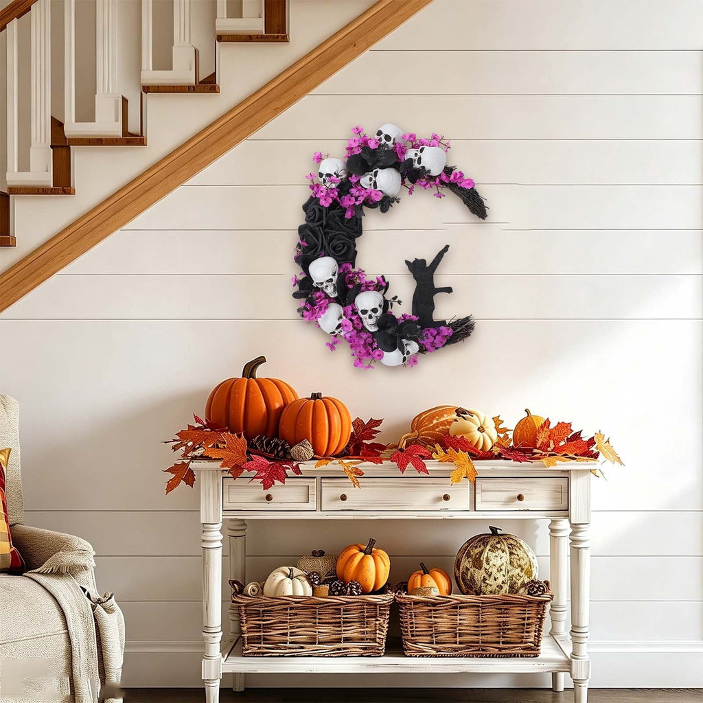 Halloween Moon Wreath with Skull & Mini Black Cat, Grapevine Wreath forFront Door, Halloween Door Wreath Decor forHome Party indoor Outdoor