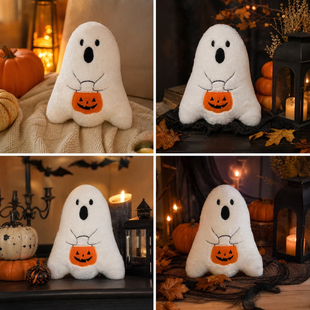 Cute Reading Ghost Plush Throw Pillow, Halloween Book & Pumpkin Bucket Ghost Stuffed Cushion, Spooky Season Decorative Pillow, for Sofa, Bedroom, Party Decor