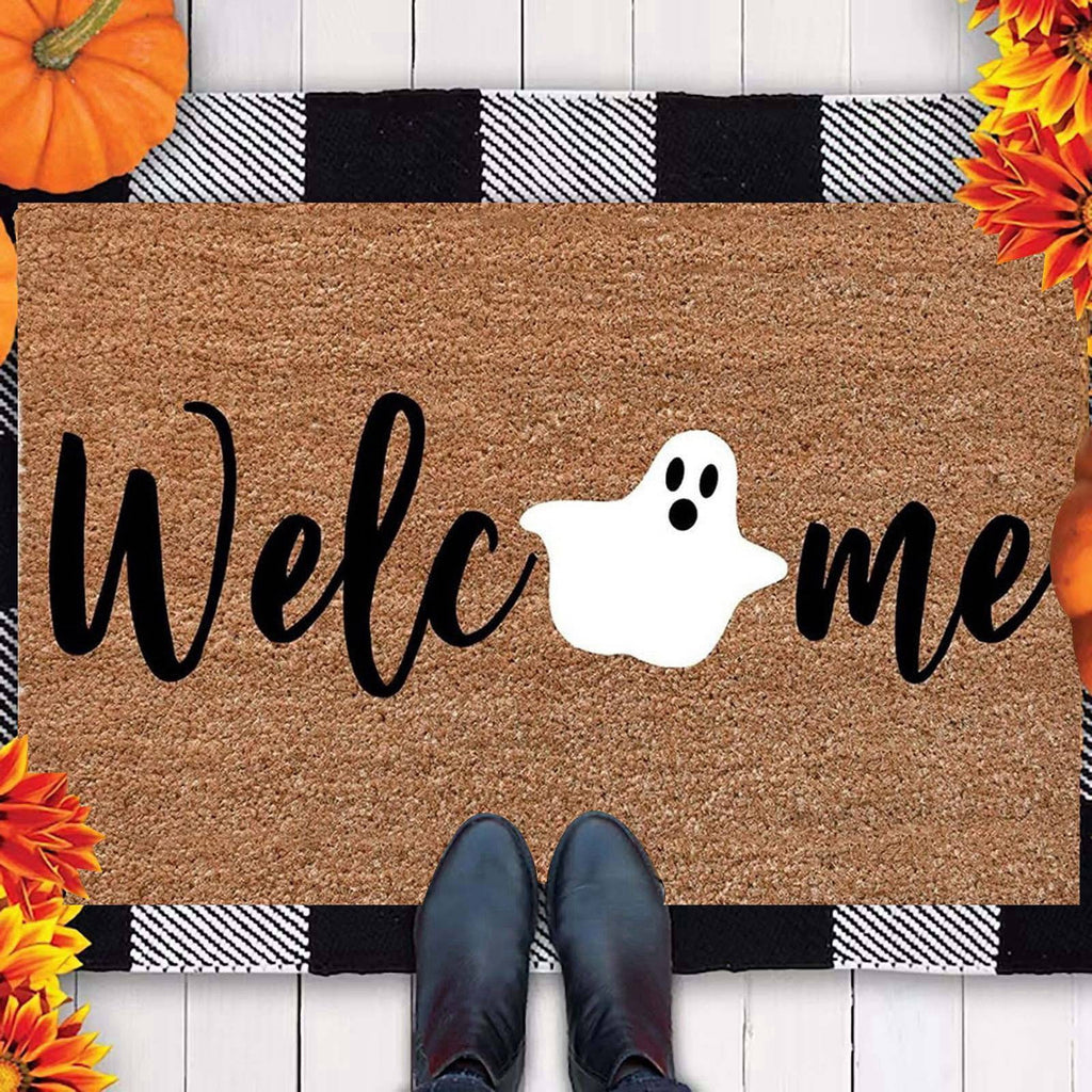 Zhourta Halloween Fall Plaid Outdoor Rug Orange Plaid Outdoor Rug Cotton Hand Woven Check Rug Layered Doormats for Front Door Front Porch Farmhouses Entryway Patio 15.7x23.6 Inch