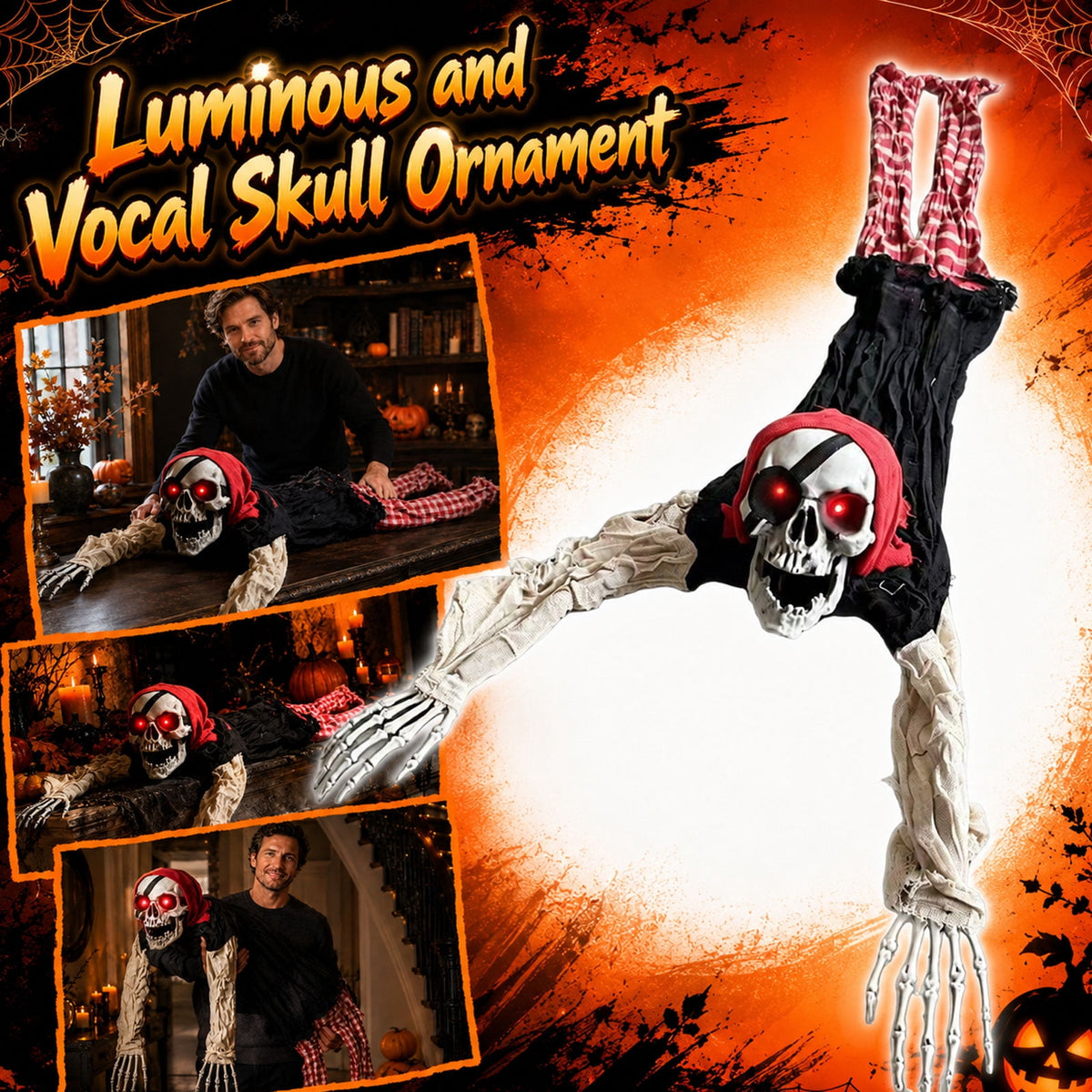 QLUEWX Halloween Skeleton Decoration with Lights and Sounds, Motion Activated Crawling Pirate Skeleton Prop, Indoor Outdoor Hanging Decor for House Yard Haunted House Halloween Party