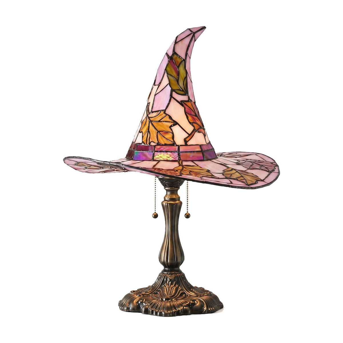 Stained Glass Witch hat lamp, 7" Halloween Gothic Mystic Room Decor Handcrafted Ceramic Phantom Figurine, USB Rechargeable LED Glowing Lantern for Bedroom Living Room Mantel Home Decor