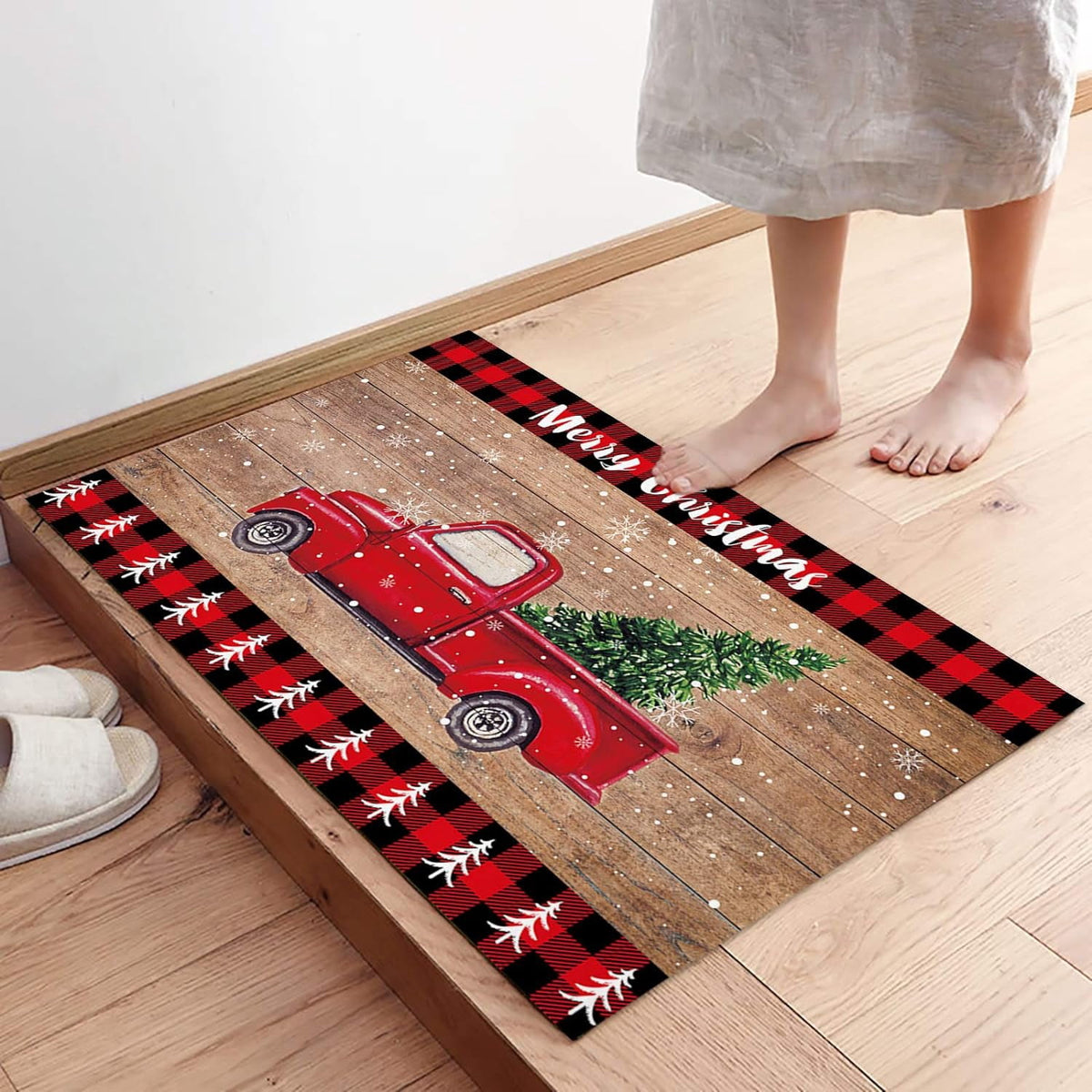 Christmas Snowman Trees Entrance Door Mat, Red Plaid Low Profile Tradition Christmas Decor Welcome Doormat, Non-Slip Carpet Rugs Floor Mat Decorative for Home/Bathroom/Kitchen - 20"x31.5"