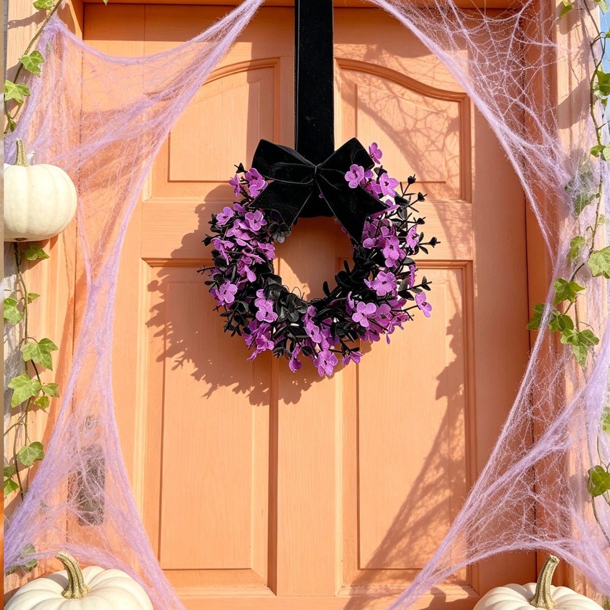 Halloween Star Shaped Bow Wreath for Window Door Display, Autumn Festival Artificial Wreath Decor