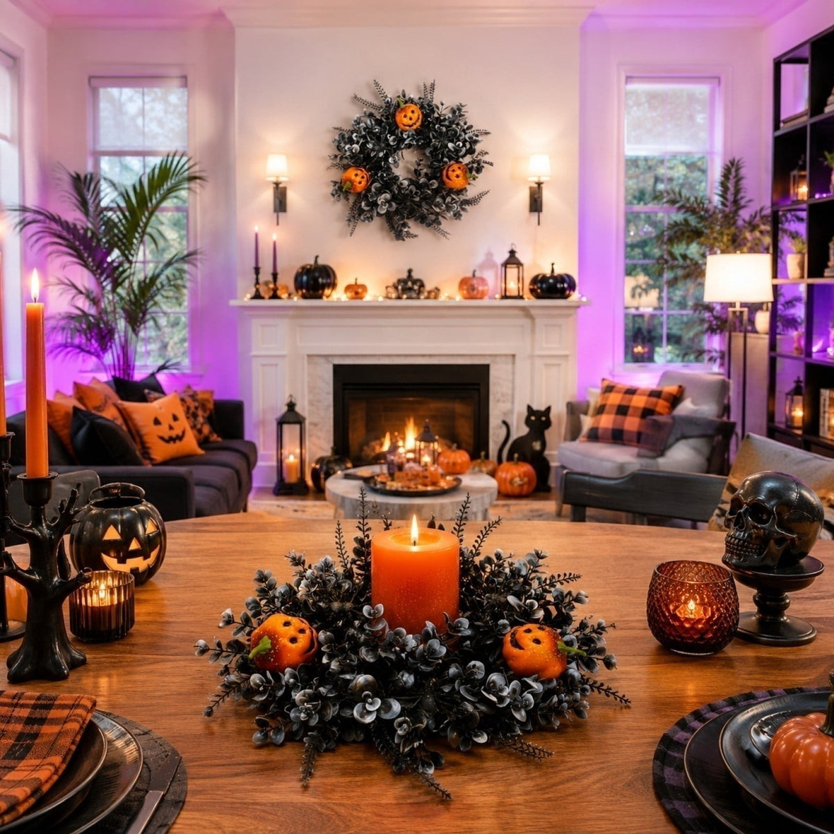 12 Inch Black Eucalyptus Halloween Wreath, Artificial Floral Door Wreath with Pumpkin Cutouts for Front Porch Indoor Door Halloween Party Gothic Home Decor