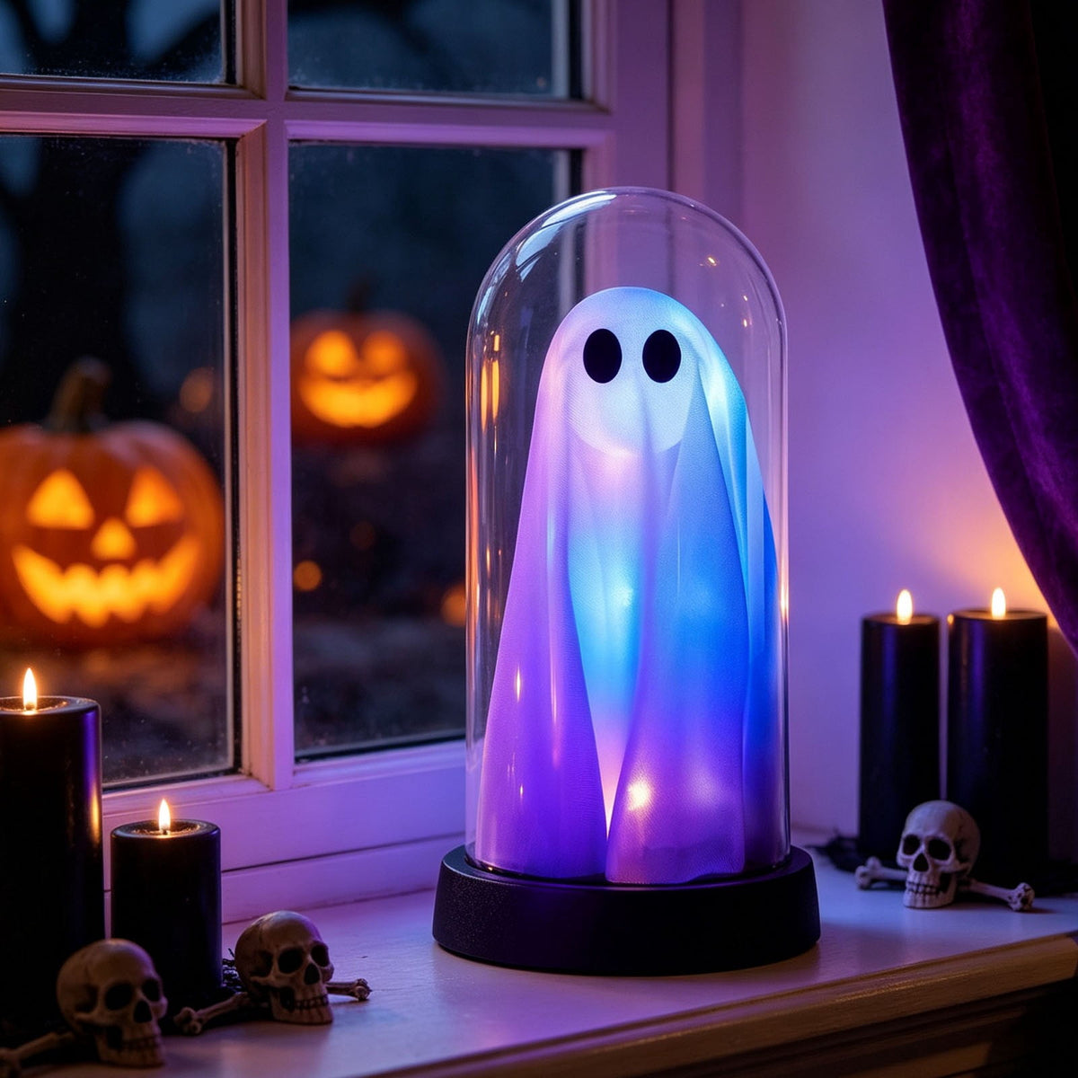 Orangide Halloween Ghost Cloche Night Light Fabric Ghost Lamp with Glass Dome for Mantel Shelf Spooky Party and Home Decor Ornament