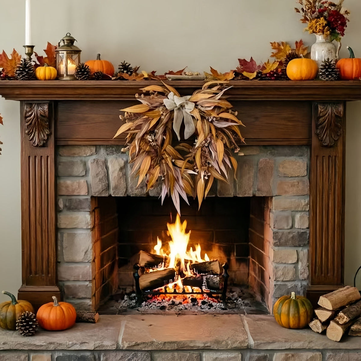 20" Fall Thanksgiving Wreath for Front Door - Artificial Harvest Autumn Foliage Wreath with Bow, Halloween Rustic Farmhouse Wall & Mantle Holiday Decor for Indoor Outdoor