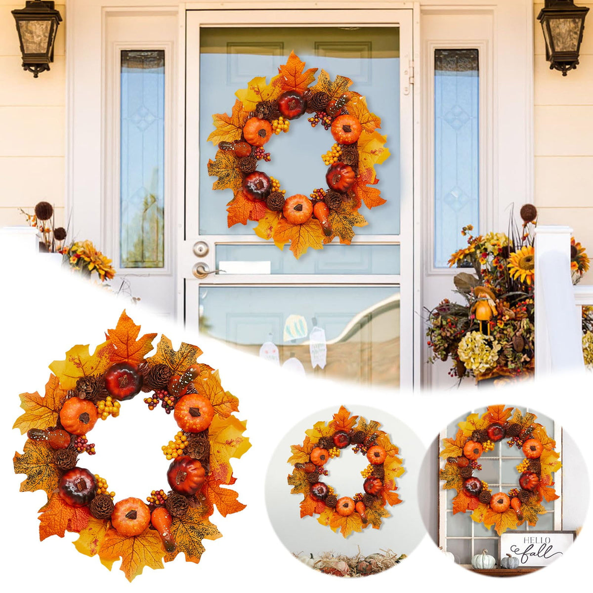 Autumn Wreath 14 Inch Fall Decor for Home Front Door with Artificial Maple Leaf Pumpkin Berry Pinecone Harvest Thanksgiving Halloween Farmhouse Seasonal Decorations Indoor Outdoor,