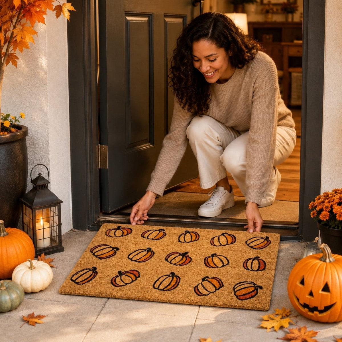 Fllostpr Halloween Pumpkin & Crow Welcome Doormat for Front Door, Non-Slip Vintage Brown Coir Floor Mat for Outdoor Porch Entryway Decor,16x24 Inch