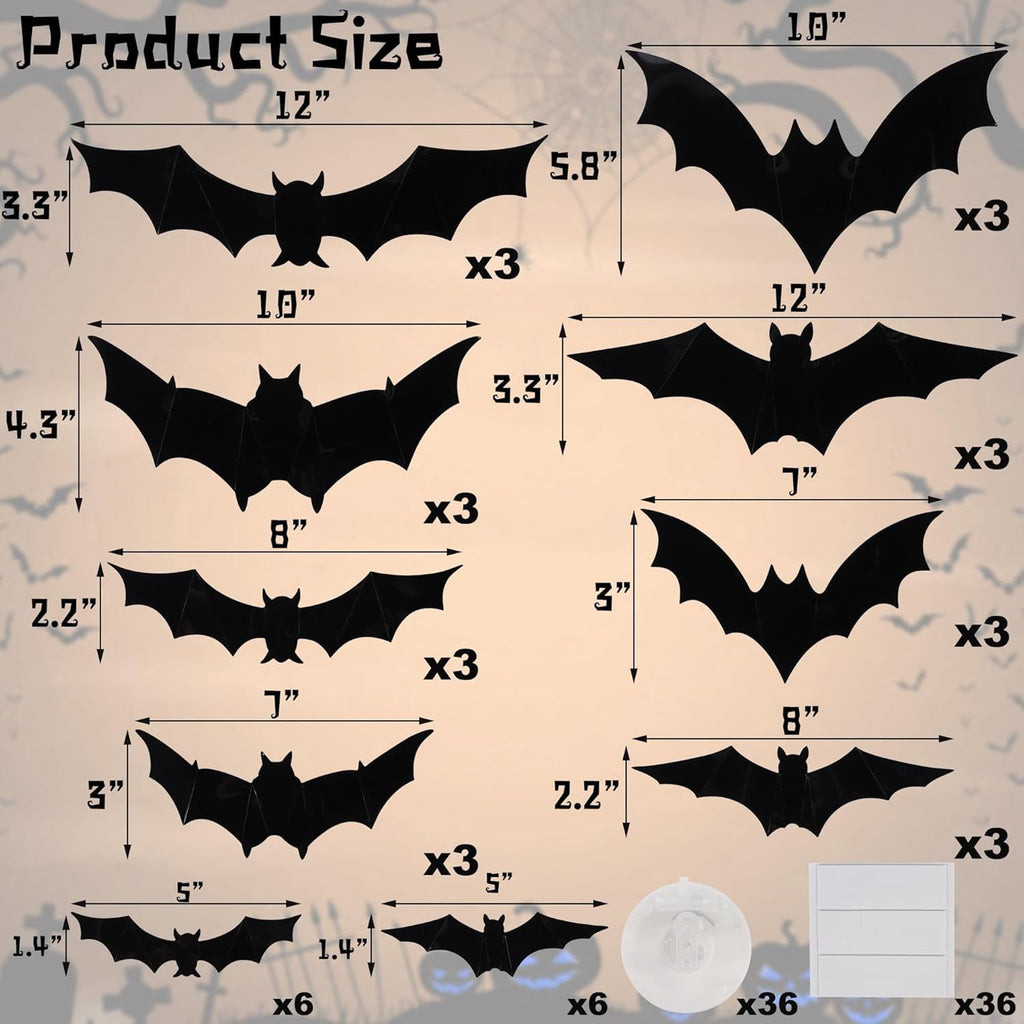 CQHVKQ 36 PCS Halloween Bats Decorations, Realistic 3D LED Bats Wall Stickers Decor, Assorted Size Removable Lighted PVC Bats DIY Wall Sticker for Halloween Party, Bedroom, Home, Indoor and Outdoor