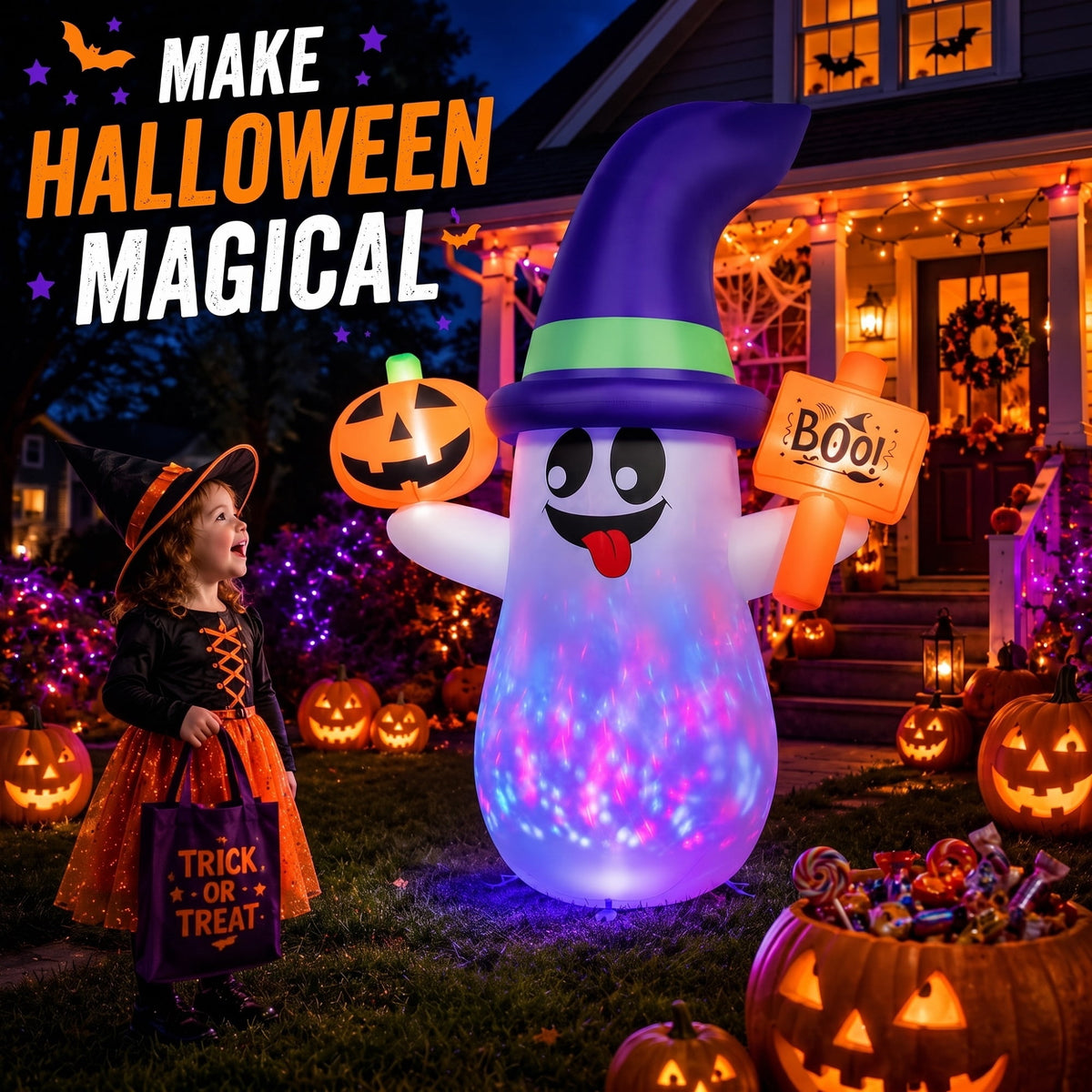 5ft Halloween Inflatable Ghost with Rotating Colorful LED Lights, Blow Up Ghost with Pumpkin & Boo Sign, Outdoor Halloween Yard Decoration for Lawn, Porch, Front Yard