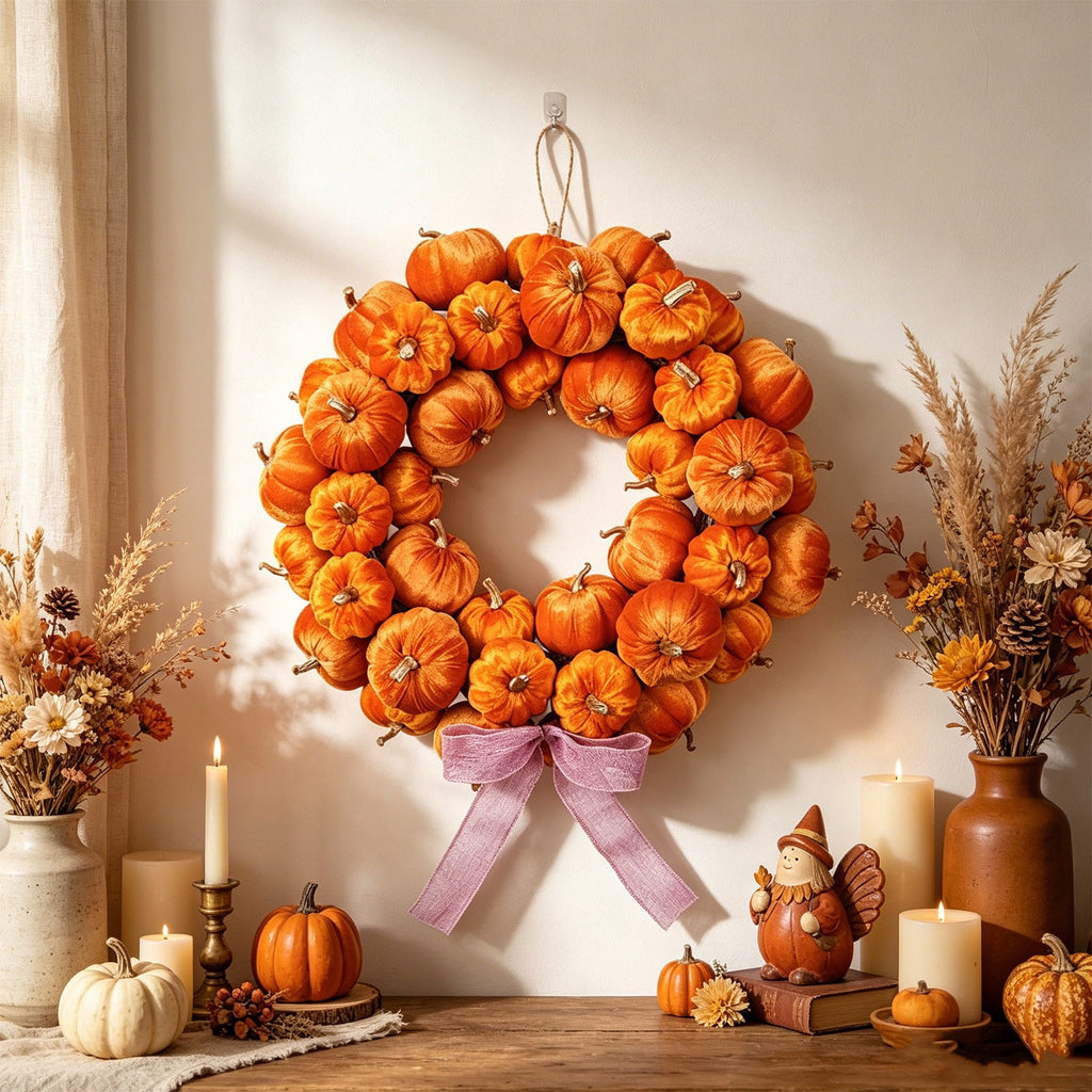 Deeceymbur Artificial Fall Pumpkin Wreath with Bow Harvest Front Door Halloween Thanksgiving Wall Decor