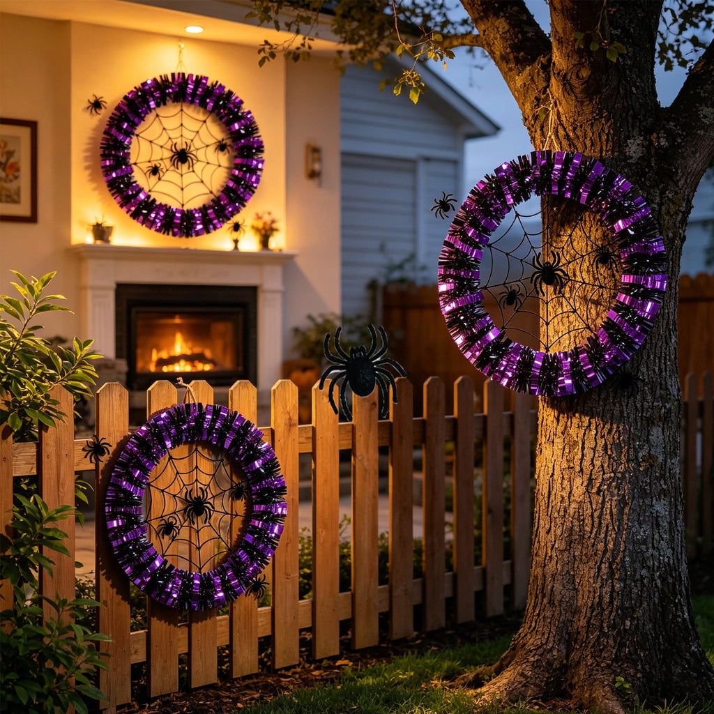 Halloween Wreaths for Front Door, Purple Black Tinsel Wreath with Spider Web & Spider Ornaments Front Door Hanging Decor for Party Home Porch