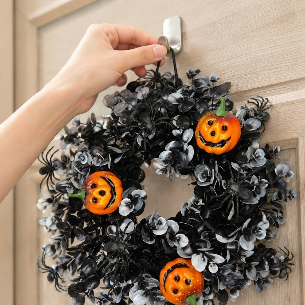 12 Inch Black Eucalyptus Halloween Wreath, Artificial Floral Door Wreath with Pumpkin Cutouts for Front Porch Indoor Door Halloween Party Gothic Home Decor