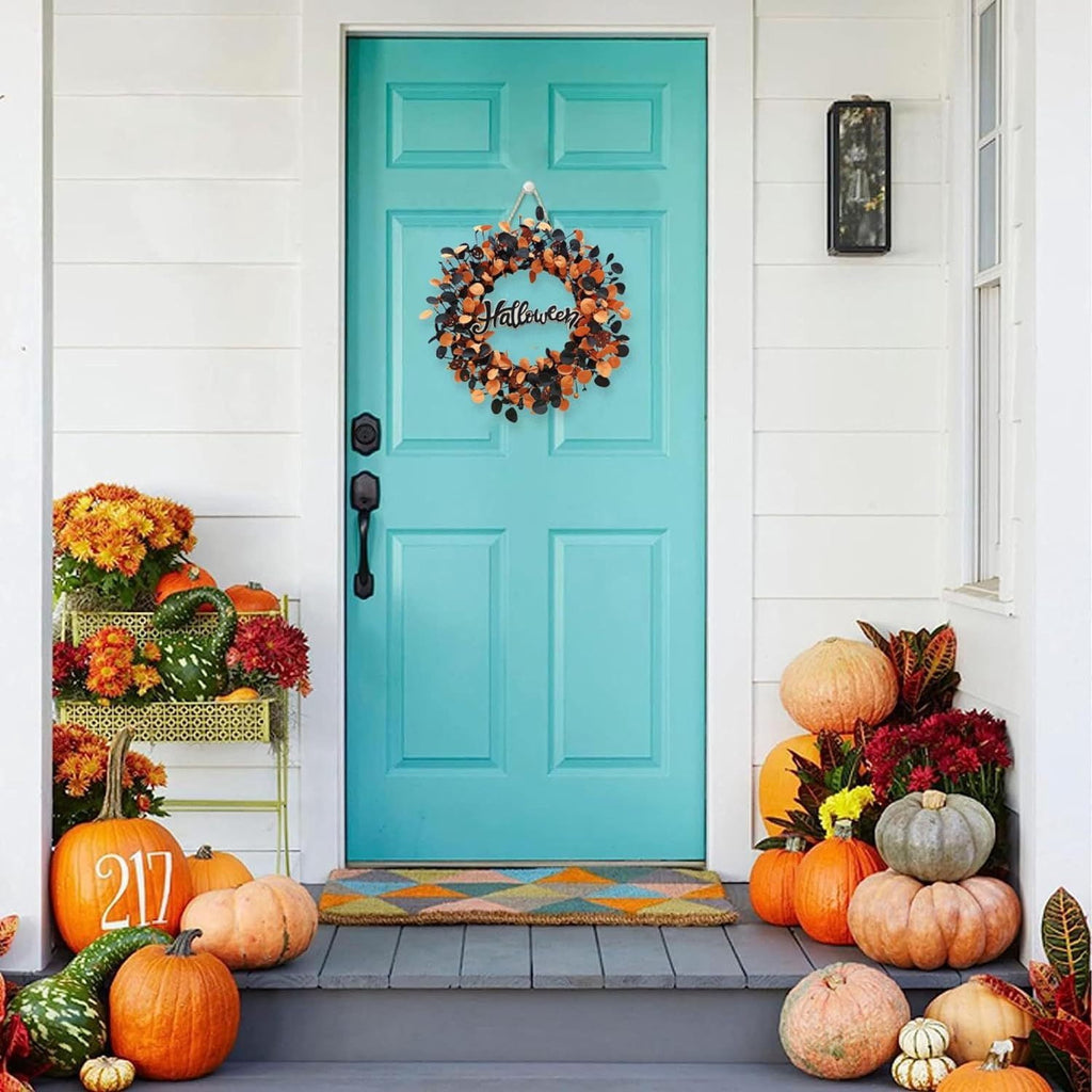 22 inch Pumpkin Wreath Halloween Wreaths for Front Door Fall Decorations for Home with Wood Pumpkins Thanksgiving Decorations with Glitter Decorations Sign