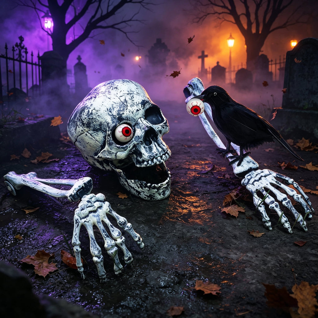 WETRBWEH Halloween Skeleton Stakes with Crow and Red Eyes Garden Halloween Decorations for Lawn Outdoor