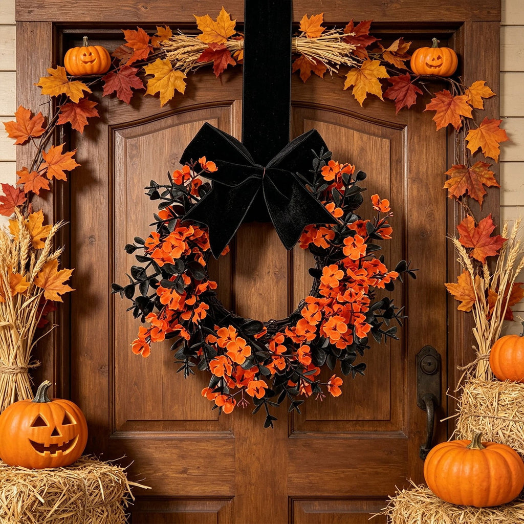Halloween Star Shaped Bow Wreath for Window Door Display, Autumn Festival Artificial Wreath Decor