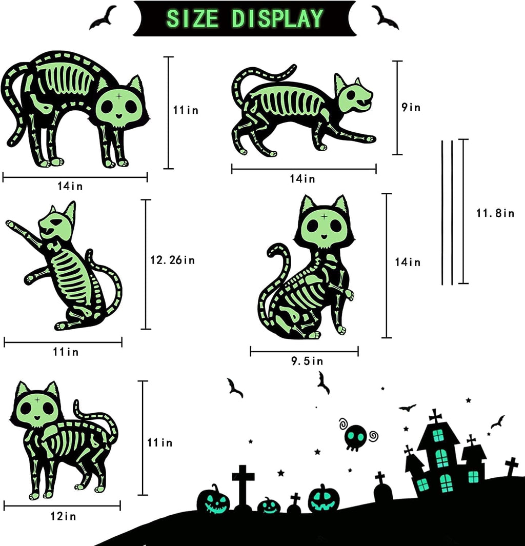 GuassLee 5pcs Glow in the Dark Skeleton Black Cat Silhouette Lawn Signs with Stakes for Halloween Lawn Garden Front Yard Decorations Outside
