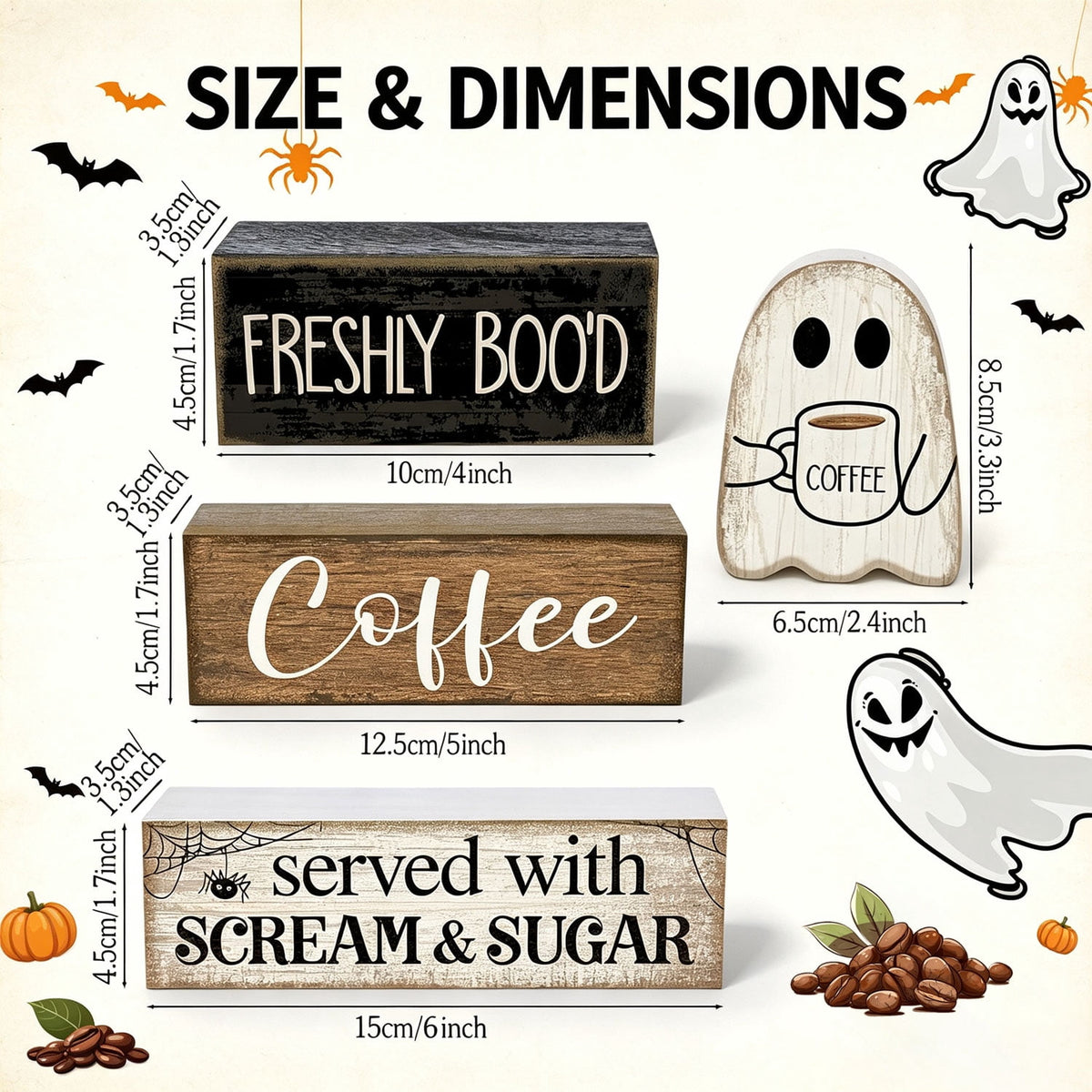 4 Pcs Halloween Decorations Table Decor Coffee Ghost Wooden Sign Halloween Tiered Tray Decor Farmhouse Ghost Tabletop Centerpiece Decorative Coffee Bar Block Signs for Home Office Kitchen Shelf