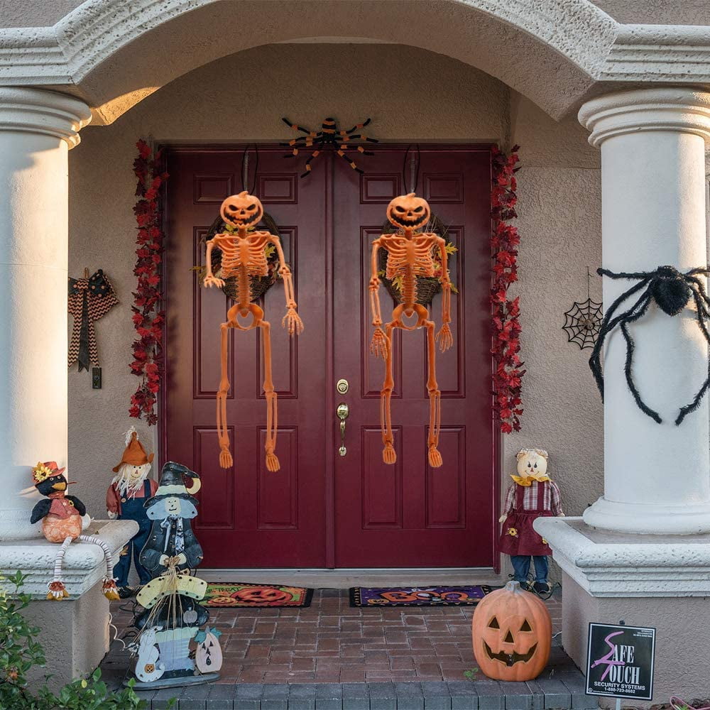 2 Packs Halloween Pumpkin Skeleton Decorations with Posable Joints Skeletons for Halloween Party Front Door Haunted House Props Decorations