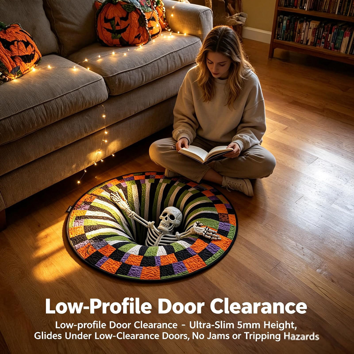 Halloween Round Rug 3D Skeleton Vortex Quilted Illusion Mat | Soft non-slip fabric indoor round decor. Perfect for living room, kitchen or bathroom. Features a spooky depth pattern